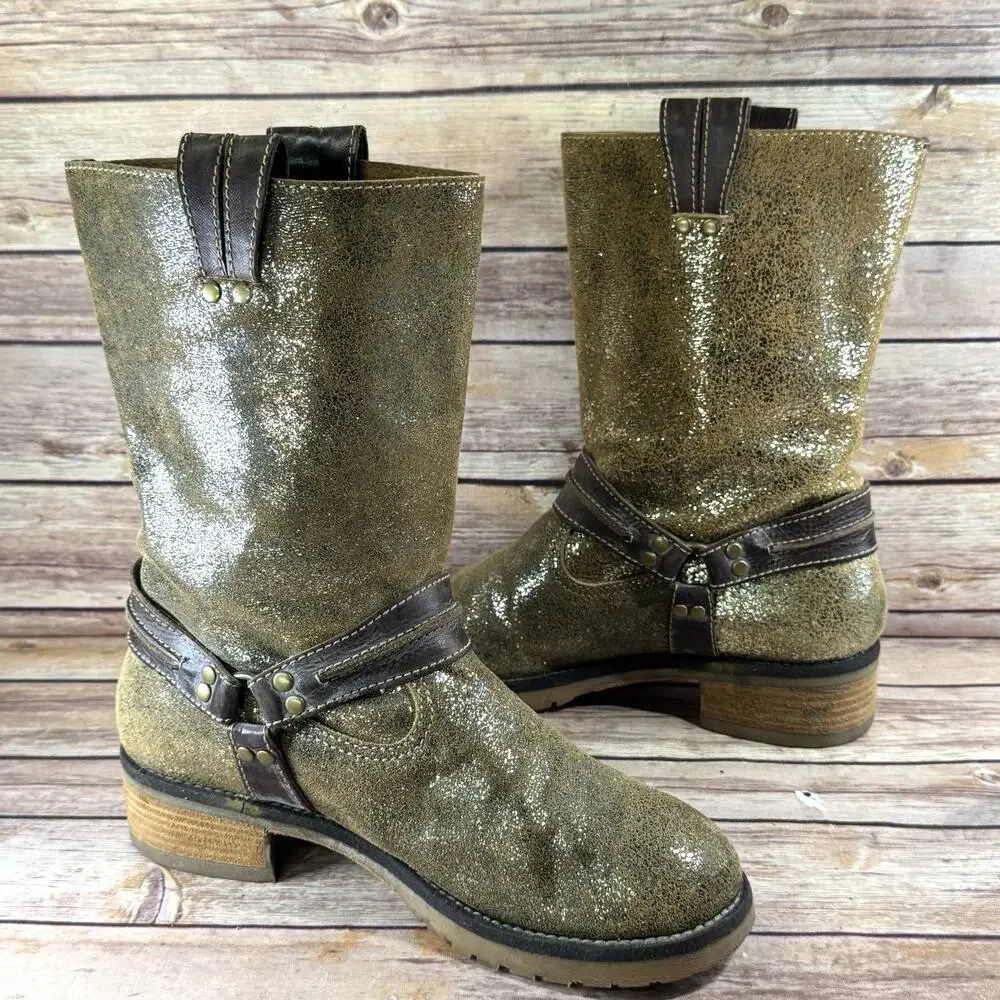 Sbicca Womens Distressed Metallic Gold & Brown Leather Ozark Moto Boots 9